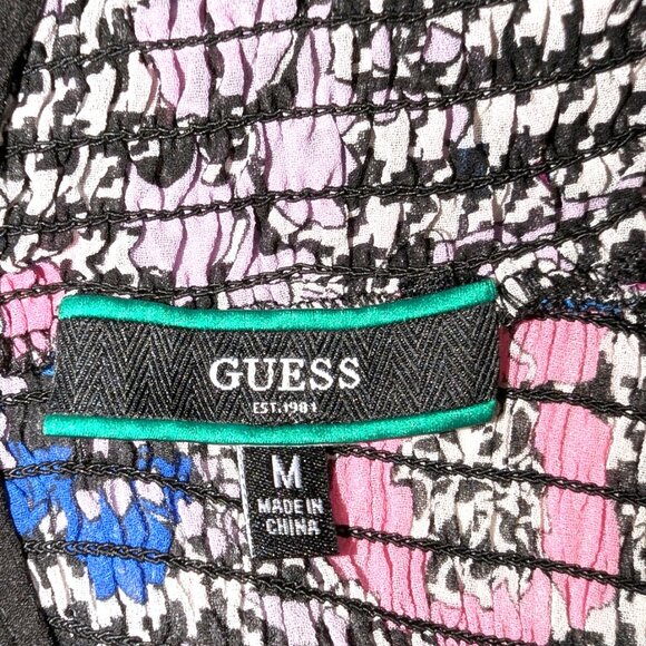 Guess | Floral Fantasy Houndstooth Print High Neck Blouse Pink Blue | Medium - Picture 5 of 12